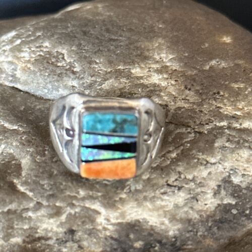 Navajo Sterling Silver Turquoise Spiny Oyster Inlay Ring | Sz 8.5 | Multi-Color | 14747