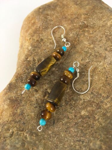 Navajo Turquoise & Tiger's Eye Earrings | Sterling Silver | Authentic Native American Handmade | 8863