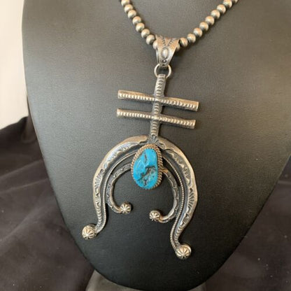 Navajo Kingman Turquoise Naja Pendant | Sterling Silver | Authentic Native American Handmade | 11518