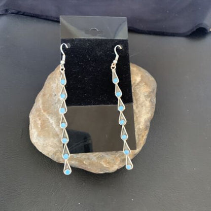 Navajo Green Turquoise Dangle Earrings | Sterling Silver | 3" Long | Authentic Native American Handmade | 12120