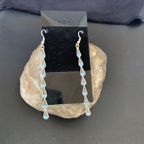 Navajo Green Turquoise Dangle Earrings | Sterling Silver | 3" Long | Authentic Native American Handmade | 12120
