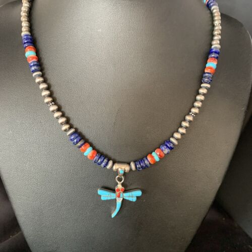 Dragonfly Sterling Silver Turquoise Coral Inlay Pendant | Multi-Color | Navajo Jewelry | 13514