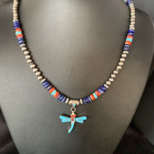 Navajo Dragonfly Pendant | Sterling Silver Turquoise Coral Multi-Color Inlay | Authentic Native American Handmade | 13515