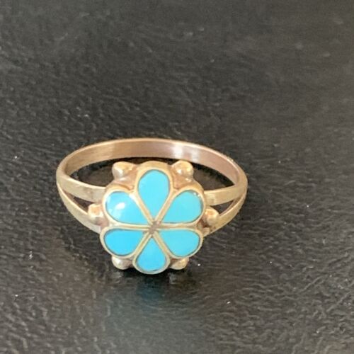 Zuni Blue Turquoise Old Pawn Cluster Ring | Sterling Silver Inlay | Sz 7.5 | 12946