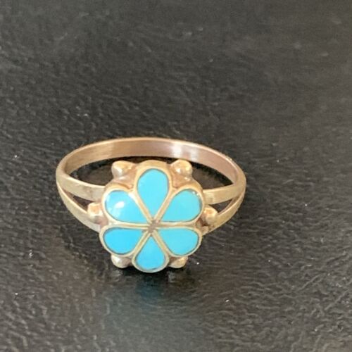 Zuni Blue Turquoise Cluster Ring | Sterling Silver Inlay | Sz 7.5 | Authentic Native American | 12945