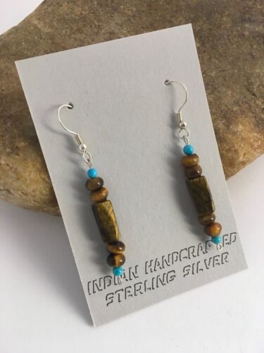 Navajo Turquoise & Tiger's Eye Earrings | Sterling Silver | Authentic Native American Handmade | 8863