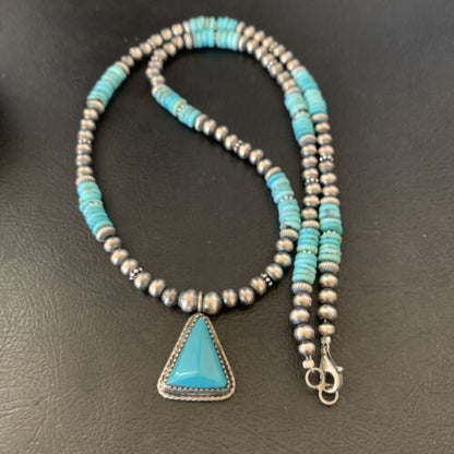 Men's Blue Turquoise Pendant Necklace | Navajo Pearls | Sterling Silver | Native American Handmade | 12616