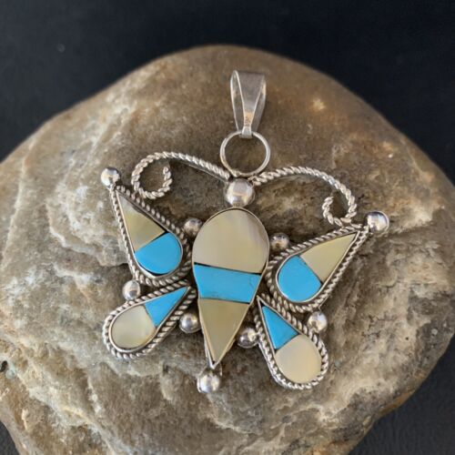 Zuni Butterfly Turquoise Yellow MOP Inlay Pendant Necklace Sterling 14208