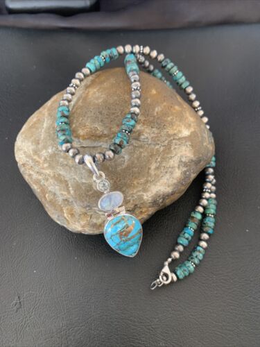 Navajo Pearls Necklace with Blue Mojave Turquoise Moon Pendant | Authentic Native American Sterling Silver | Multi-Stone | 11912