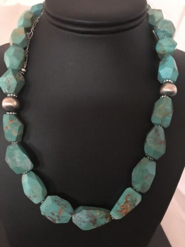 Navajo Turquoise Chunky Bead Faceted Necklace | Sterling Silver | Authentic Native American Handmade | 20" | 3367