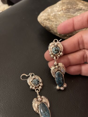 Navajo Spiderweb Turquoise Dangle Earrings | Sterling Silver | Authentic Native American Handmade | 1236