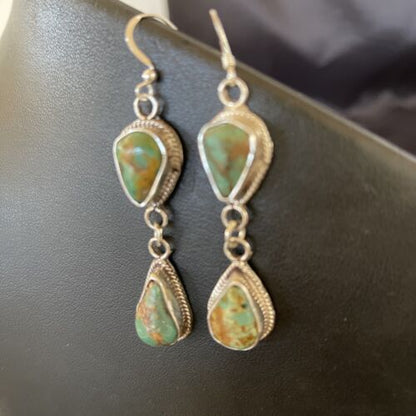 Native American Green Royston Turquoise Dangle Earrings | Navajo Handmade Sterling Silver | 1585