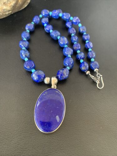 Navajo Blue Lapis Turquoise Pendant Necklace | Sterling Silver | 20" | Authentic Native American Handmade | 10269