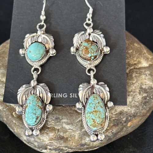 Navajo Blue #8 Turquoise Dangle Earrings | Sterling Silver | Authentic Native American Handmade | 14342