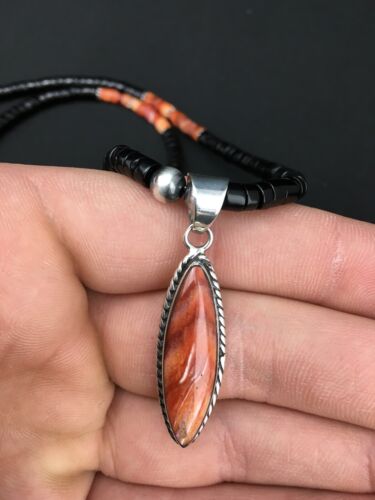 Spiny Oyster Pendant | Black Onyx Heishi | Navajo Sterling Necklace 22" | 4871