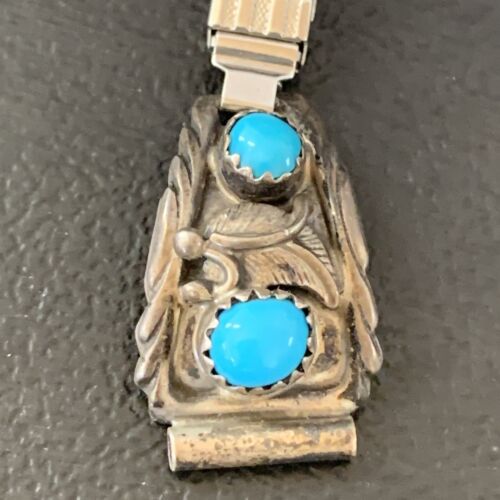 Navajo Sterling Silver Watch Tips | Old Pawn Blue Turquoise Band | Authentic Native American Jewelry | 1638