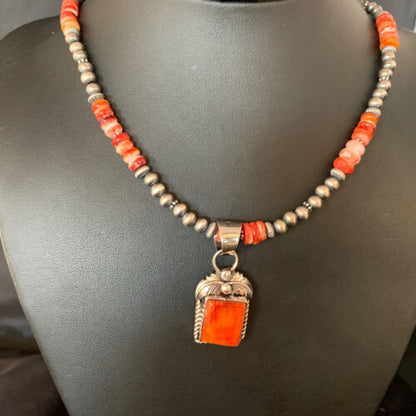 Navajo Pearls Red Spiny Oyster Pendant Necklace | Sterling Silver | 20" | Authentic Native American Handmade | 13654