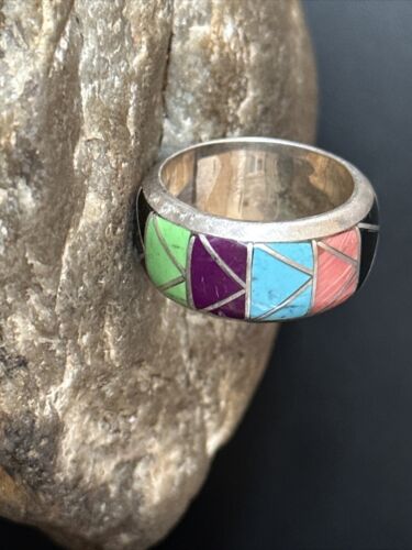 Multi-Color Blue Turquoise Gaspeite Inlay Ring | Sterling Silver | Sz 9 | 14501