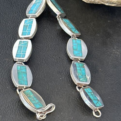 Men's Sterling Silver Navajo Turquoise Inlay Link Bracelet | 8.5" | Authentic Native American Handmade | 14659