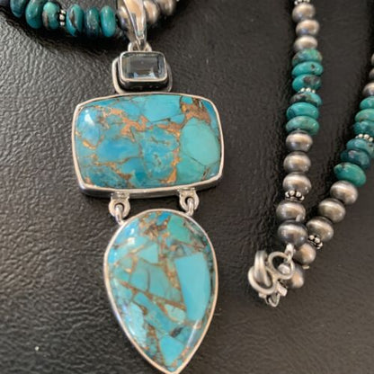 Navajo Pearls Sterling Silver Necklace with Blue Mojave AZ Turquoise Pendant | Multi-Stone | 11819