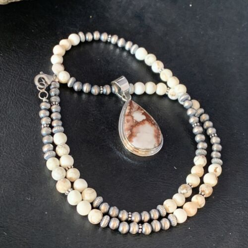 Navajo Pearls Necklace with Wild Horse Turquoise Pendant | Sterling Silver | Authentic Native American Handmade | 13902