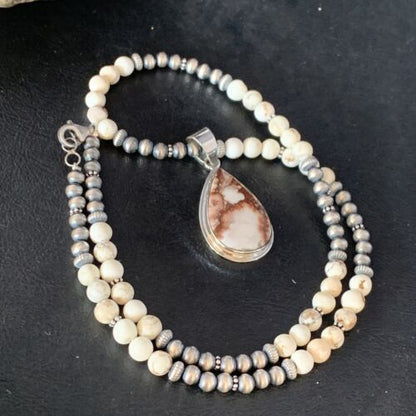 Navajo Pearls Necklace with Wild Horse Turquoise Pendant | Sterling Silver | Authentic Native American Handmade | 13902