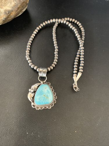 Blue Dry Creek Turquoise Pendant | Navajo Pearl Necklace | Men's Sterling Silver | 12976