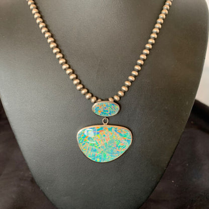 Navajo Blue Gilson Opal Inlay Pendant Necklace | Authentic Native American Sterling Silver | Multi-Stone | 11457 - Masha USA