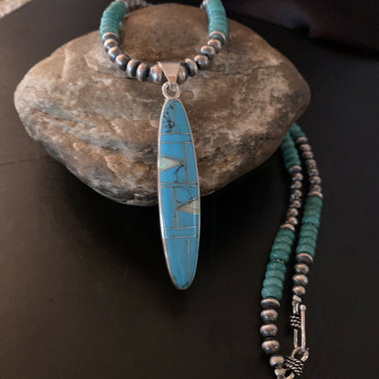 Authentic Native American Navajo Sterling Silver Pendant | Blue Turquoise & Opal Inlay Necklace | 11474