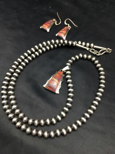 Navajo Opal Inlay Pendant Necklace & Earring Set | Sterling Silver | Authentic Native American Handmade | 3075