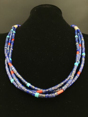 Southwestern Navajo Lapis Turquoise Necklace | 3-Strand | Sterling Silver | 24" | 1361