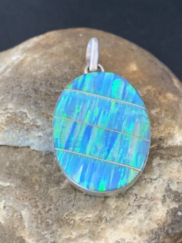 Navajo Blue Opal Inlay Pendant | Sterling Silver | Authentic Native American Handmade | 13142