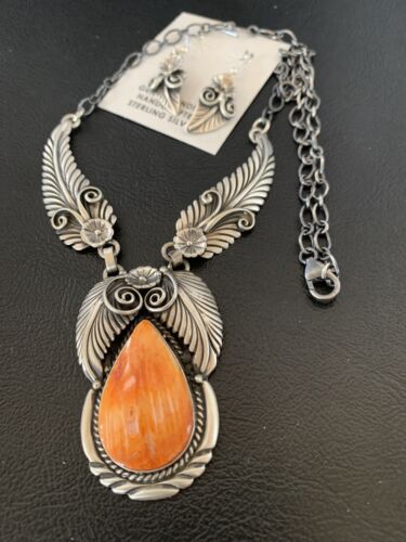 Navajo Orange Spiny Oyster Necklace & Earrings Set | Sterling Silver | Authentic Native American Handmade | 2104