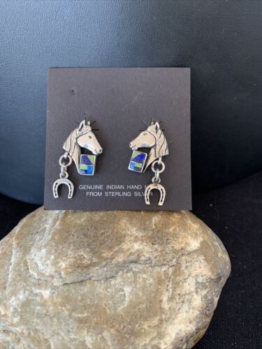 Navajo Blue Lapis & Turquoise Horse Inlay Earrings | Sterling Silver | 1" | Authentic Native American Handmade | 1514