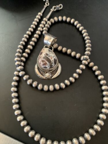 Navajo White Buffalo Turquoise Pendant Necklace | Sterling Silver | Authentic Native American Handmade | 11401