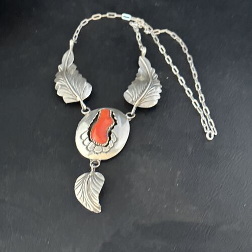 Navajo Red Coral Pendant Necklace | Sterling Silver | Authentic Native American Handmade | 18" | 14481