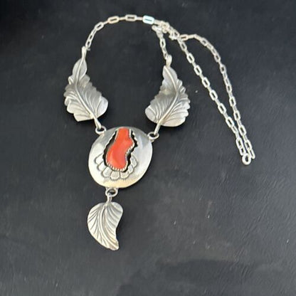 Navajo Red Coral Pendant Necklace | Sterling Silver | Authentic Native American Handmade | 18" | 14481