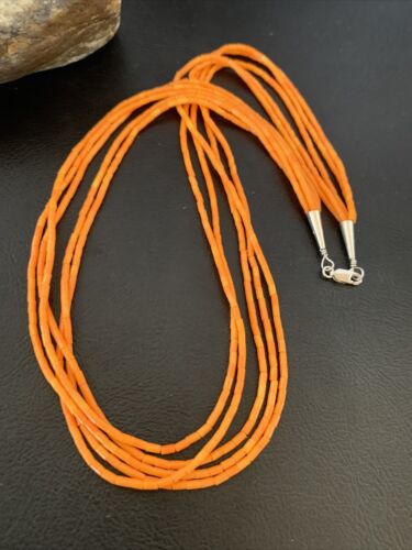 Navajo Orange Coral Heishi Necklace | 5 Strand | Stabilized Sterling | 20" | 02211