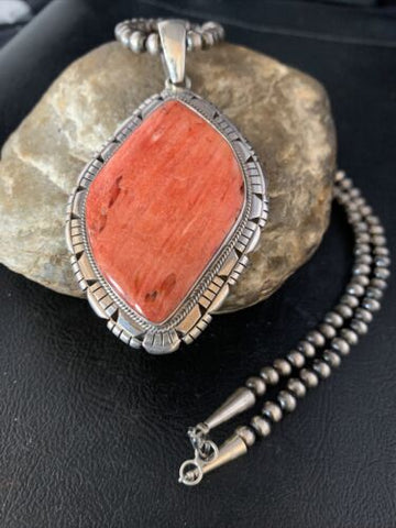 Native Navajo Sterling Silver Red Spiny Oyster Necklace Pendant 13788