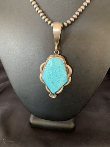 Men's Navajo Pearls Necklace with Blue Kingman Turquoise Pendant | Sterling Silver | Native American | 13255
