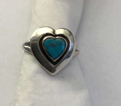 Navajo Heart Blue Turquoise Inlay Ring | Sterling Silver | Sz 5.5 | Authentic Native American Handmade | 01731