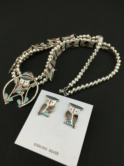 Zuni Owl Inlay Turquoise Squash Blossom Necklace Set | Sterling Silver | Native American Handmade | 1310