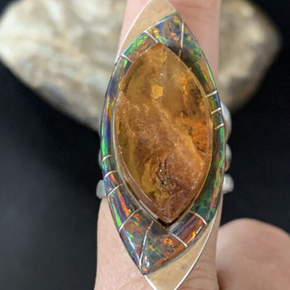 Navajo Gold Pomellato Amber Opal Inlay Ring | Sterling Silver | Sz 10 | Authentic Native American Handmade | 12852