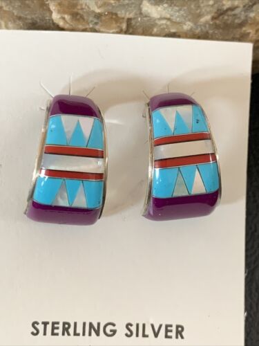 Navajo Turquoise Purple Sugilite Mother of Pearl Dangle Inlay Earrings | Sterling Silver | 12909
