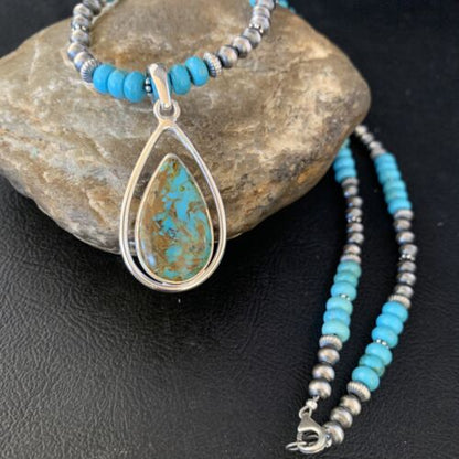Navajo Blue Turquoise Pendant Necklace | Sterling Silver | Authentic Native American Handmade | 13869
