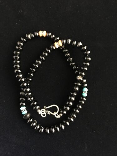 Navajo Black Onyx Turquoise Necklace | Sterling Silver | 18" | Authentic Native American Handmade | 10022
