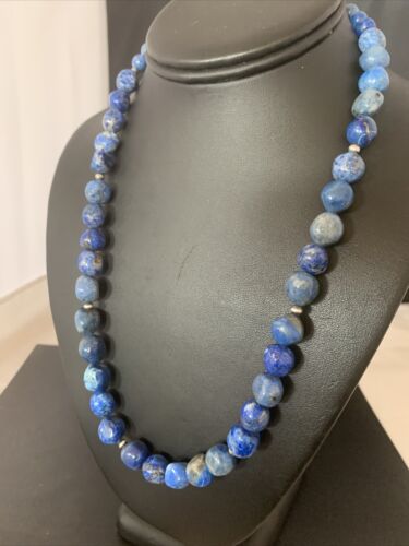 Navajo | Sterling Silver | Handmade Blue Denim Lapis Bead Necklace Pendant | Authentic Native American | 20" | 02206
