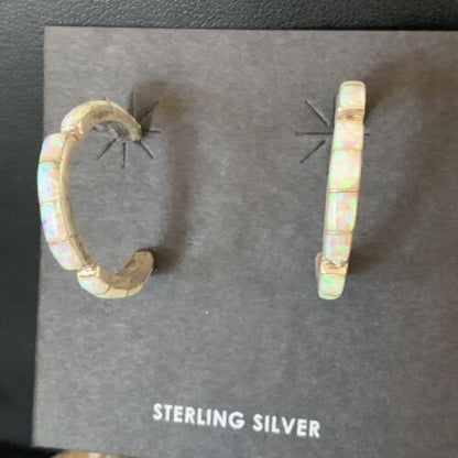 Native American Navajo Hoop Earrings Set | Sterling Silver White Opal | 12772