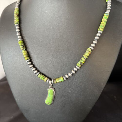 Navajo Green Turquoise Pendant Necklace | Sterling Silver | 22" | Authentic Native American Handmade | 14614 - Masha USA