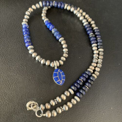 Navajo Blue Lapis Inlay Necklace Pendant | Sterling Silver | Authentic Native American Handmade | 13845